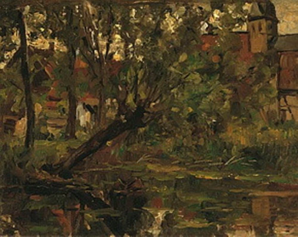 Salice sospeso sull'acqua prima dell'edificio della fattoria e del campanile della chiesa - Dallas Museum of Art